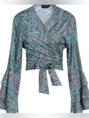 Teal Multi Print Bell Sleeve Wrap Top/Italian Made/ANGELA MELE MILANO  -One Size
